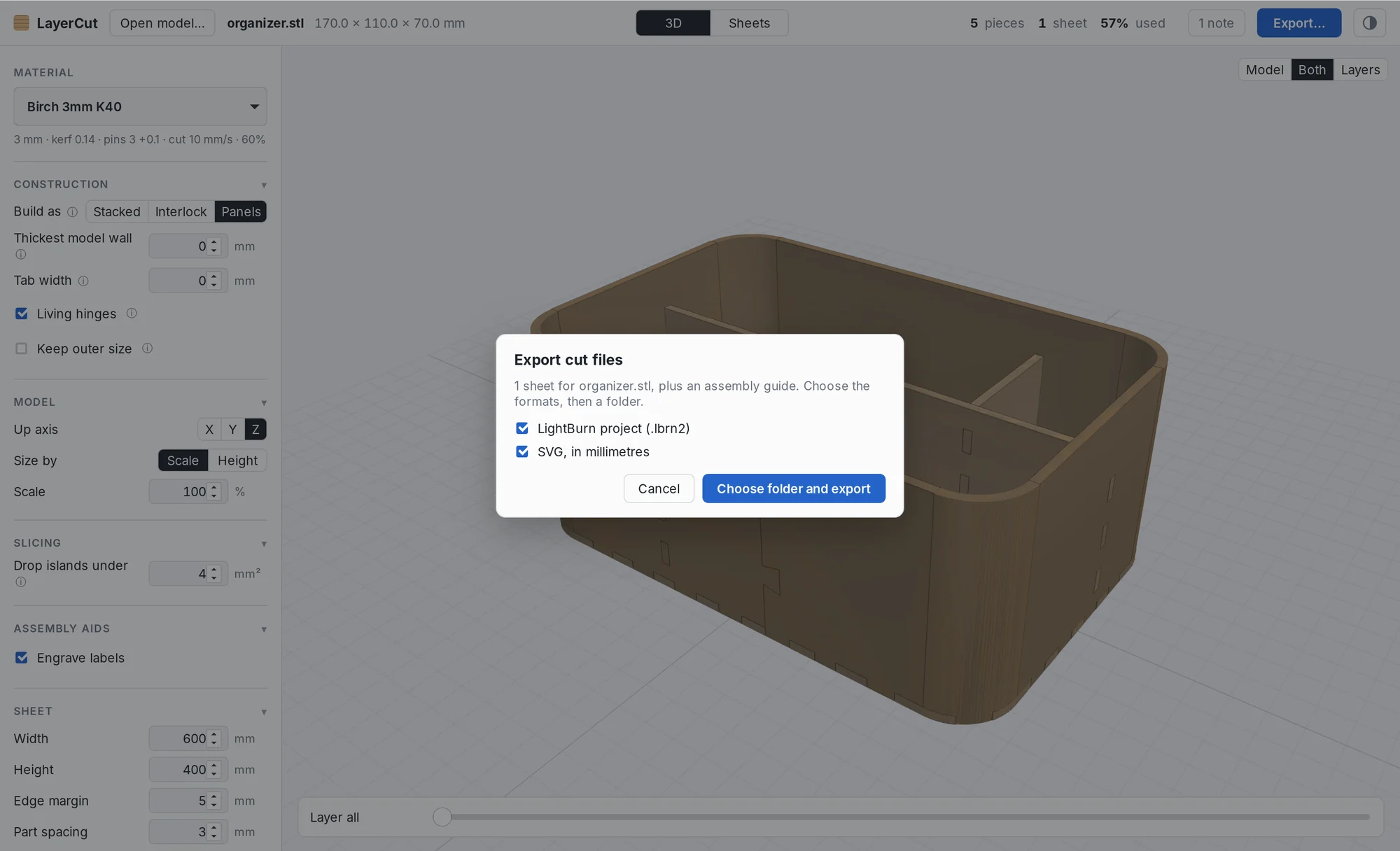 The export dialog