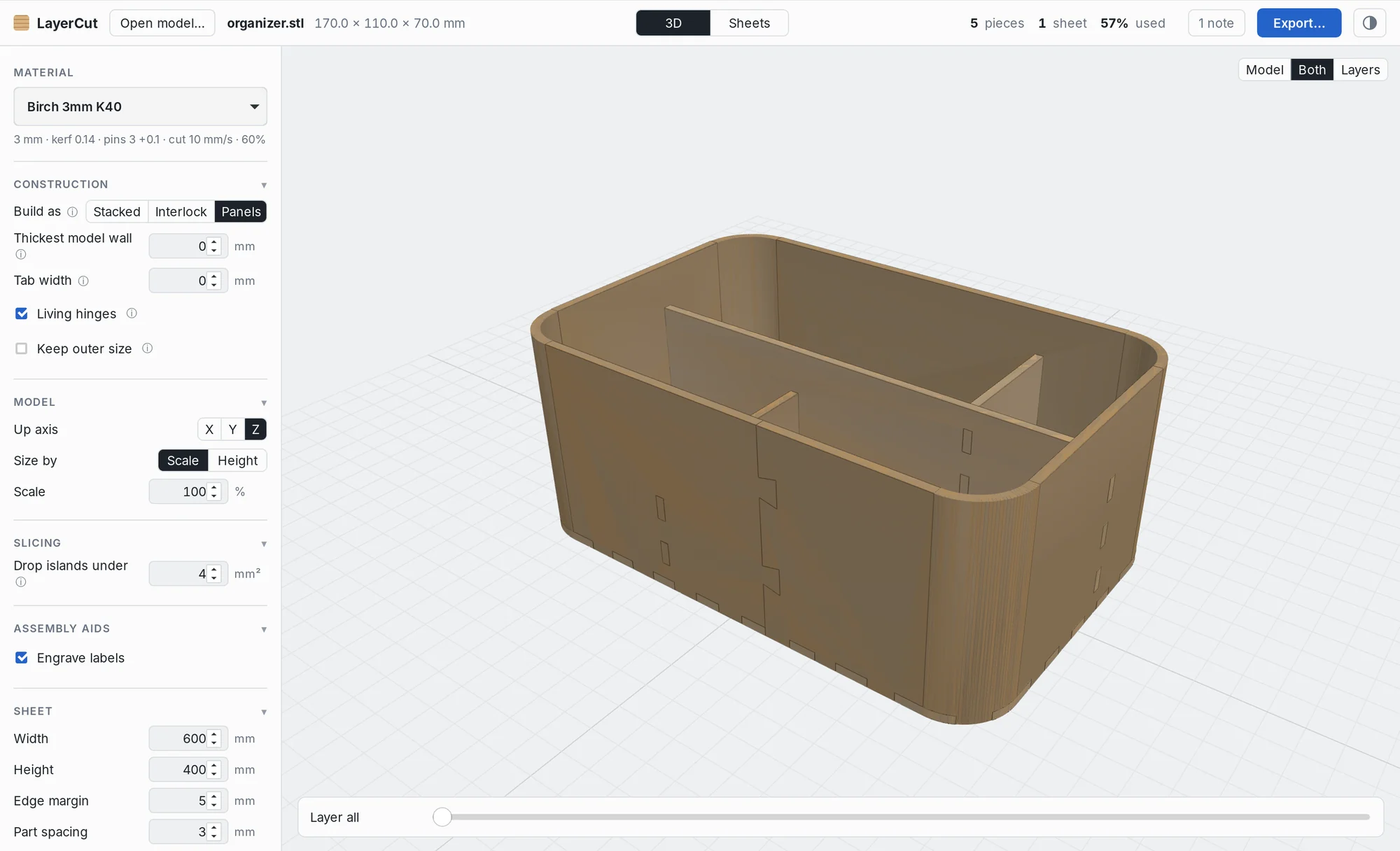 The LayerCut window in light mode showing a desk organizer built from panels
