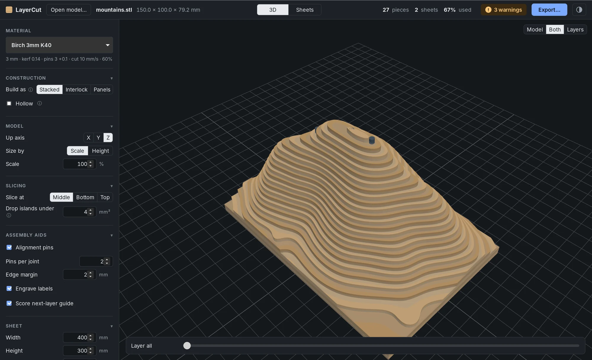 The LayerCut window with a stacked terrain model